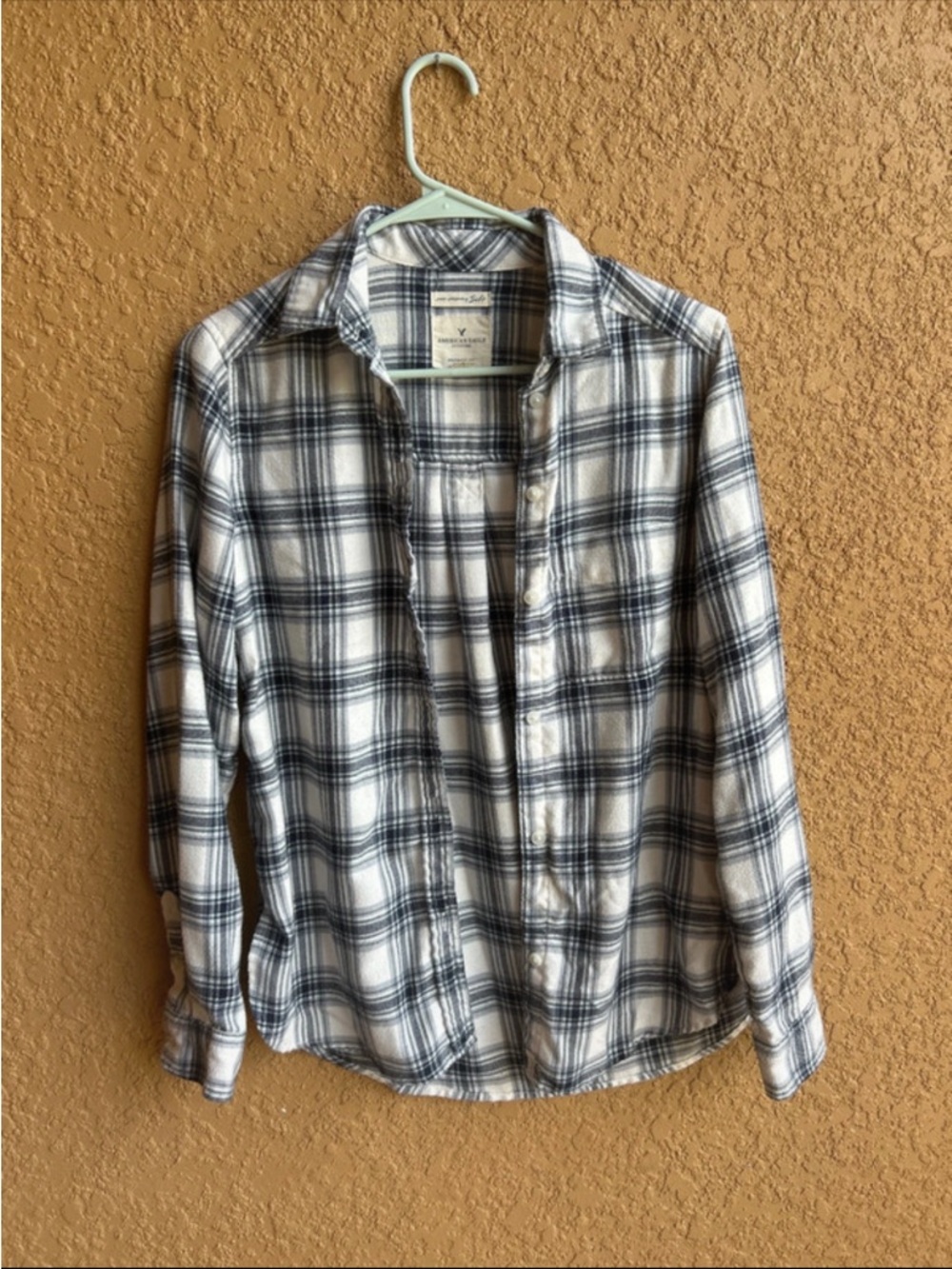 American Eagle Outfitters Blue and White Plaid Jean Jacket